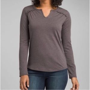 prAna Nitty V-Neck L/S Heather Gray Top with Ruffle detailing - Size M